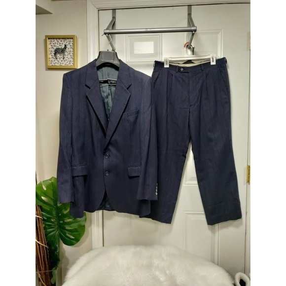 Vintage Yves Saint Laurent Mens Navy Two Piece Suit Striped Blazer Coat 42 - Picture 3 of 16